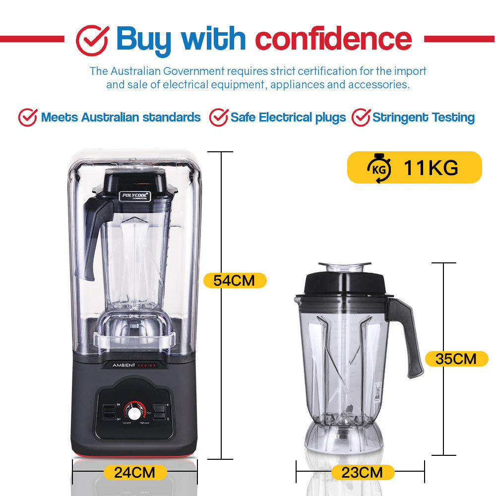 POLYCOOL Commercial Blender Quiet Enclosed Processor Smoothie Mixer Fruit, Black-ACT