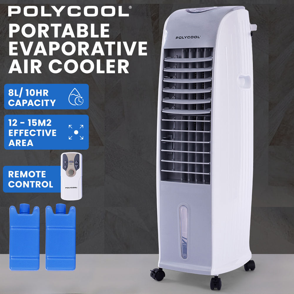 POLYCOOL 8L Portable Evaporative Air Cooler 24 Hour Timer 4 in 1 Cooling Fan, Grey and White-TAS_Rural