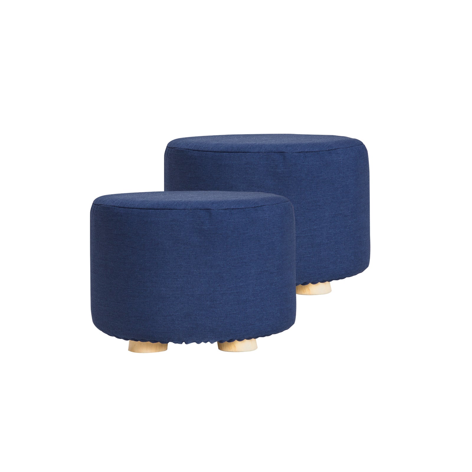 2X Fabric Ottoman Round Wooden Leg Foot Stool - DARK BLUE